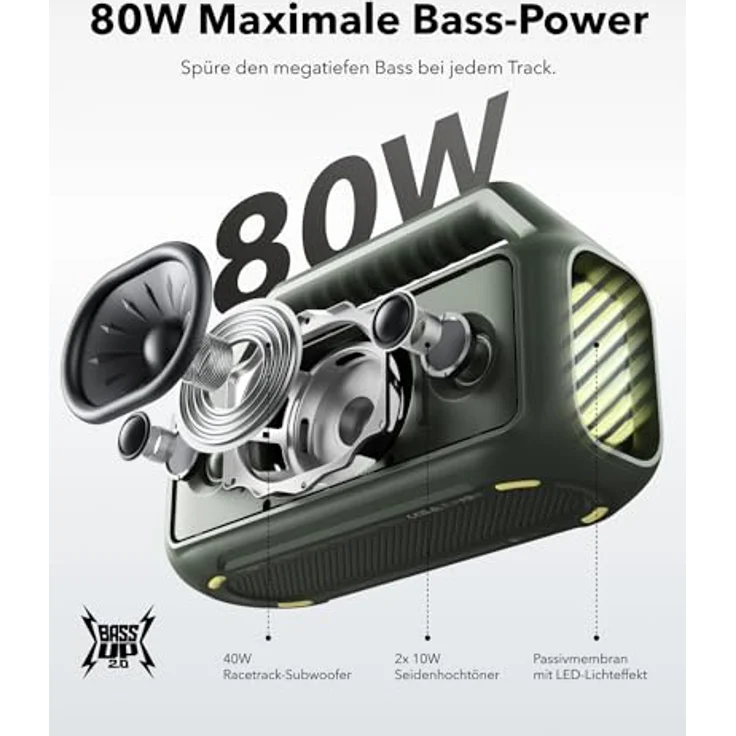 soundcore by Anker, Boom 2 Outdoor-Lautsprecher, 80W, Subwoofer, BassUp 2.0, 24h Akku, IPX7 Wasserdicht & Schwimmt, LED-Licht, USB-C, EQ, BT 5.3, Mobiler Bluetooth-Speaker, Camping, Strand, Garten, Grün – Bild 2