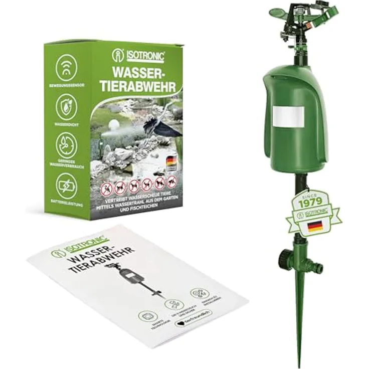 ISOTRONIC Wasserstrahl Tiervertreiber Solar I Bewegungsmelder I Reichweite 10 m I Reiherschreck, Wildtierabwehr, Katzenschreck