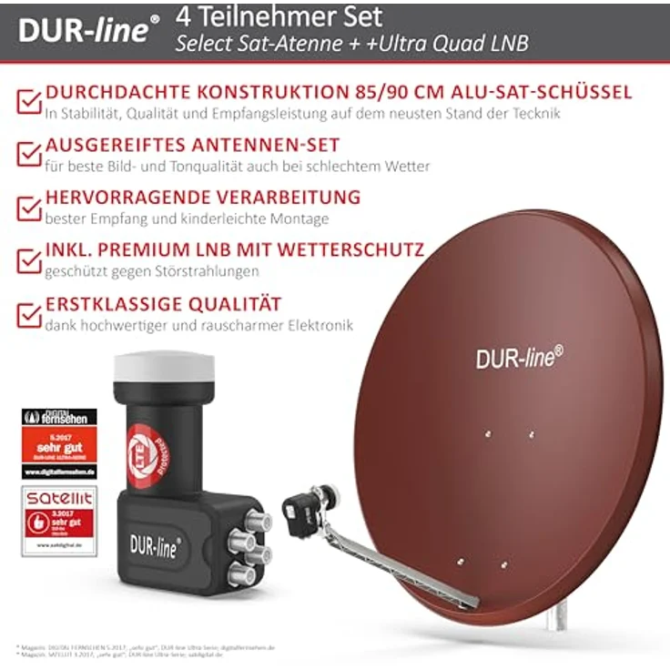 DUR-line 4 Teilnehmer Set - Qualitäts-Alu-Satelliten-Komplettanlage - Select 85/90cm Spiegel/Schüssel Rot + Quad LNB - für 4 Receiver/TV [Neuste Technik, DVB-S2, 4K, 3D] – Bild 3