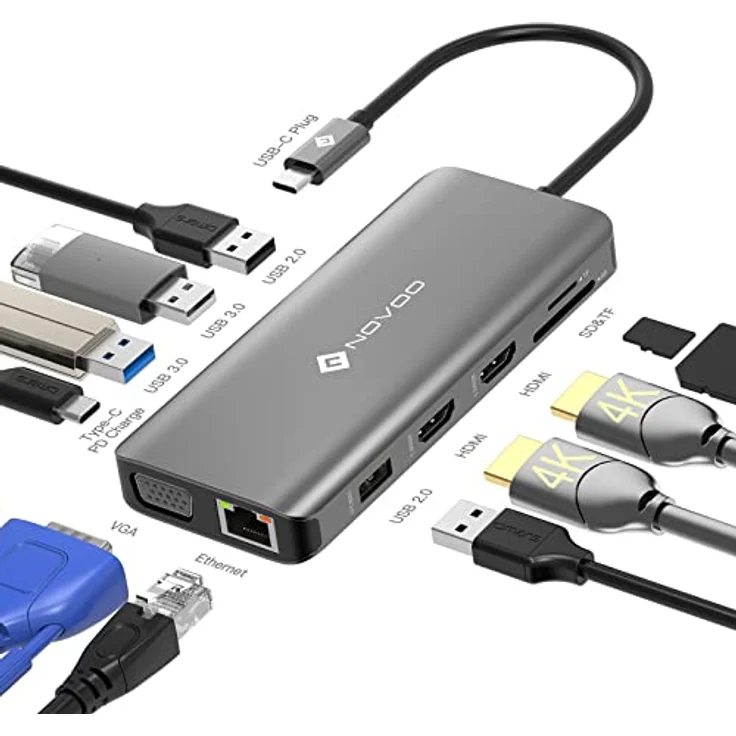 NOVOO USB C Hub mit 2 HDMI, Dockingstation mit 11 Ports Typ C für Laptop, RJ45 Gigabit Ethernet, 2 USB 3.0, 2 USB 2.0, VGA, Typ C 100 W PD, SD/TF-Karten für MacBook Pro – Bild 1