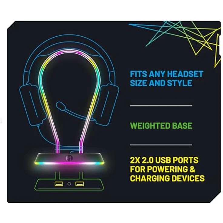 Stealth LED Light Up Gaming Headset Ständer in Schwarz für PS4, PS5, Xbox, Switch und PC - USB-betrieben mit Aufbewahrungsbasis und 12 RGB Beleuchtungsmodi – Bild 4