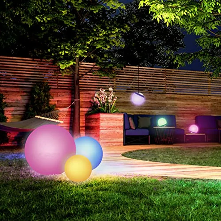 tint Smarte Outdoor LED Hängekugel PENDULA SOLAR – Steuerbar per Alexa oder Fernbedienung – Leuchtkugel mit weißem (1800-6500 K) und farbigem Licht RGB – Spritzwassergeschützt (IP44) – Ø 20 cm – Bild 2