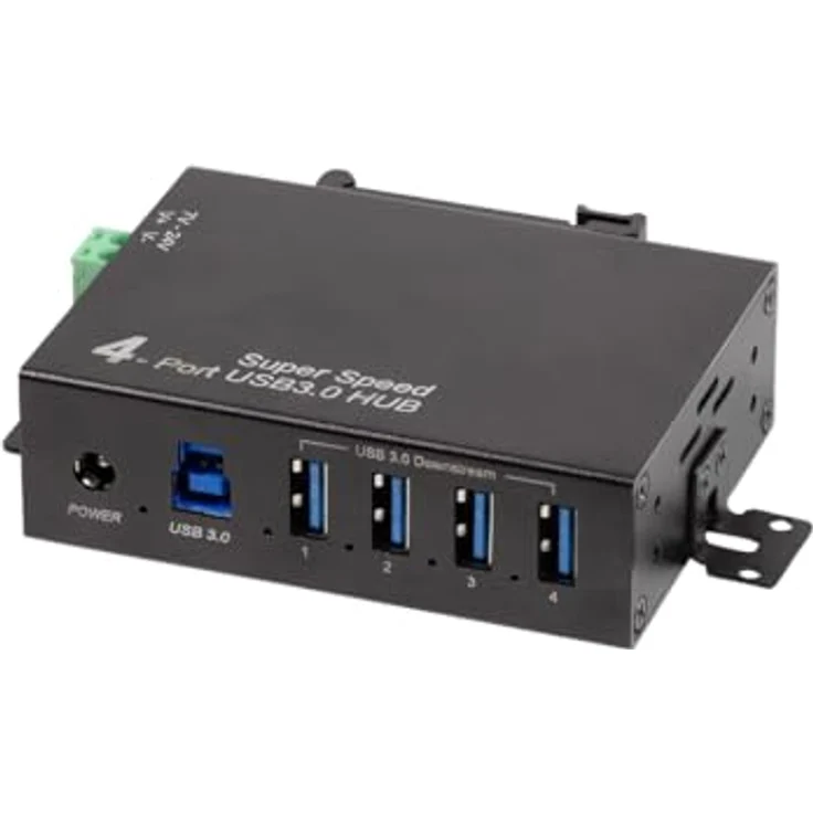 LogiLink 4-Port USB 3.0 Hub, Industrieausführung mit Netzteil, 5 Gbit/s, 10 W, Schwarz, Überstrom-, Überspannungs- und Kurzschlussschutz – Bild 1