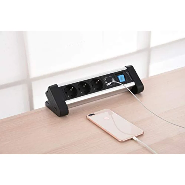 Electraline 62559 Steckdosenleiste 3-Fach Alu für den Schreibtisch + 3 USB 3.4A, Kabel 2m / Mehrfachsteckdose/Tischsteckdose Steckerleiste, Schuko Stecker, Metal, Schwarz, 3 Fach + 3 USB – Bild 2