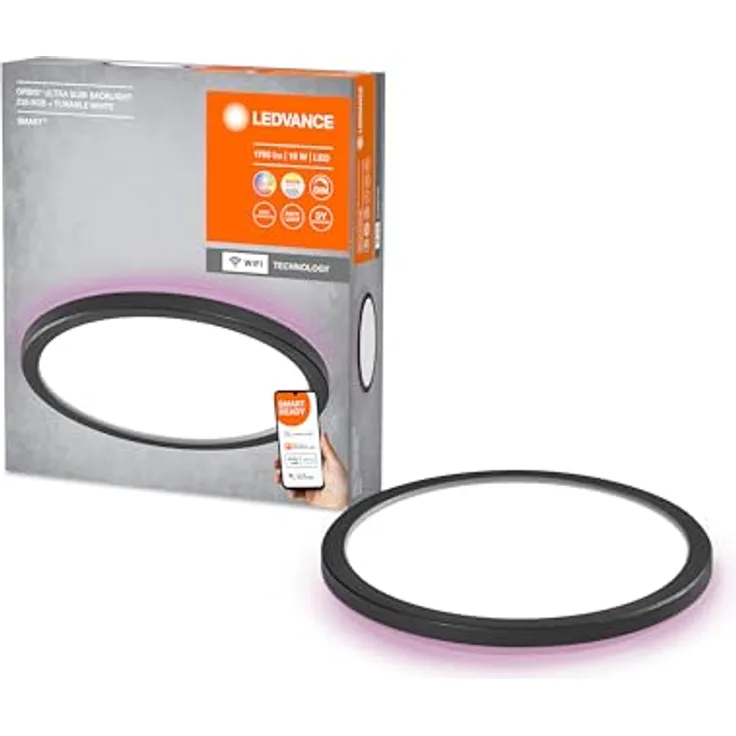 LEDVANCE SMART+ ORBIS WiFi-Panelleuchte, schwarz, 19W, 1790lm, 235mm, regulierbares Weißlicht (2700K-6500K), Rahmen mit RGB-Farblicht, dimmbar, steuerbar per App, kompatibel mit Amazon, Google und Co.
