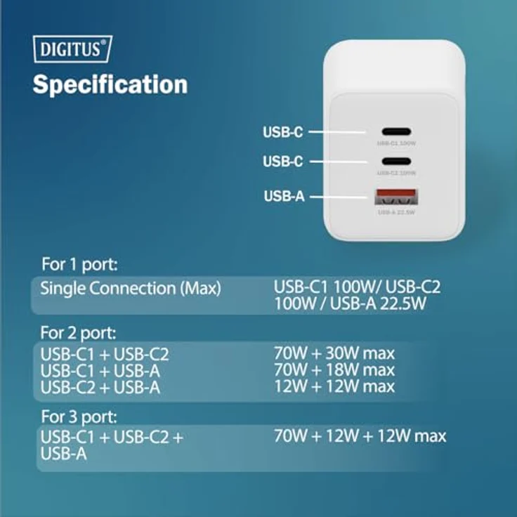 Digitus GaN II Charger 100W, USB Ladegerät mit 2x USB-C und 1x USB-A, weiss – Bild 7