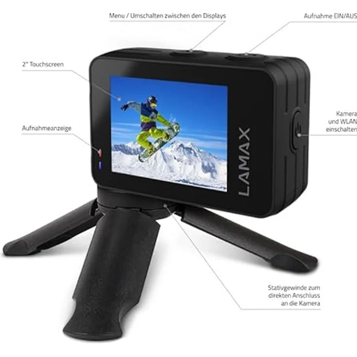 Lamax W9.2 Action-Cam, Dual-Display, wasserdicht bis 12m, MAXsmooth Stabilisierung, Wi-Fi, 20 Mpx Fotos, Zeitlupe, Zeitraffer, 22 Zubehörteile, auf Deutsch – Bild 4