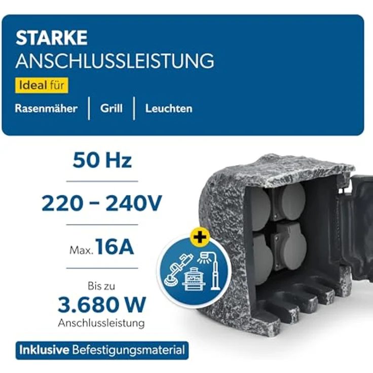 UNITEC Steckdosenverteiler für den Garten in Steinoptik, Gartensteckdose, Außensteckdose, IP 44, 4 Steckdosen Würfel – Bild 6