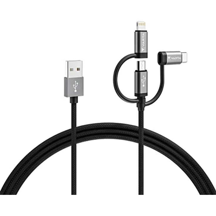 VARTA 3in1 Kabel USB A auf Micro USB, USB Type C, Lightning, Speed Charge & Sync, MFi, Ladekabel für Strom- und Datenübertragung, 2m, schwarz, Nylon – Bild 1