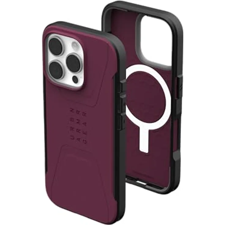 URBAN ARMOR GEAR Civilian MS Case kompatibel mit Apple iPhone 16 Pro Hülle (Wireless Charging/Magnetische Aufladung kompatibel, Sturzfeste Handyhülle, Erhöhter Rand) Bordeaux (rot)