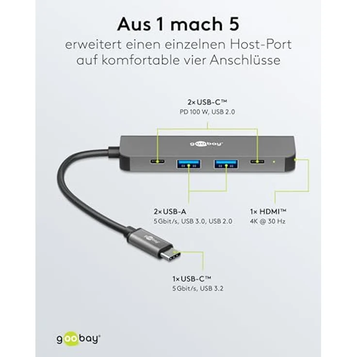 goobay Slim USB-C™ Hub 5-Port Adapter, HDMI 4K @ 30 Hz, 100W Power Delivery, 5 Gbit/s USB 3.0, für Laptop, Tablet, Smartphone, kompatibel mit Windows, macOS, Android, 78967 – Bild 3