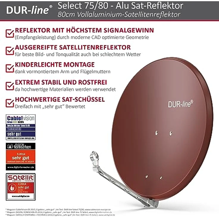 DUR-line Select 75/80cm Rot Satelliten-Schüssel - 3 x Test + Sehr gut + Aluminium Sat-Spiegel – Bild 3