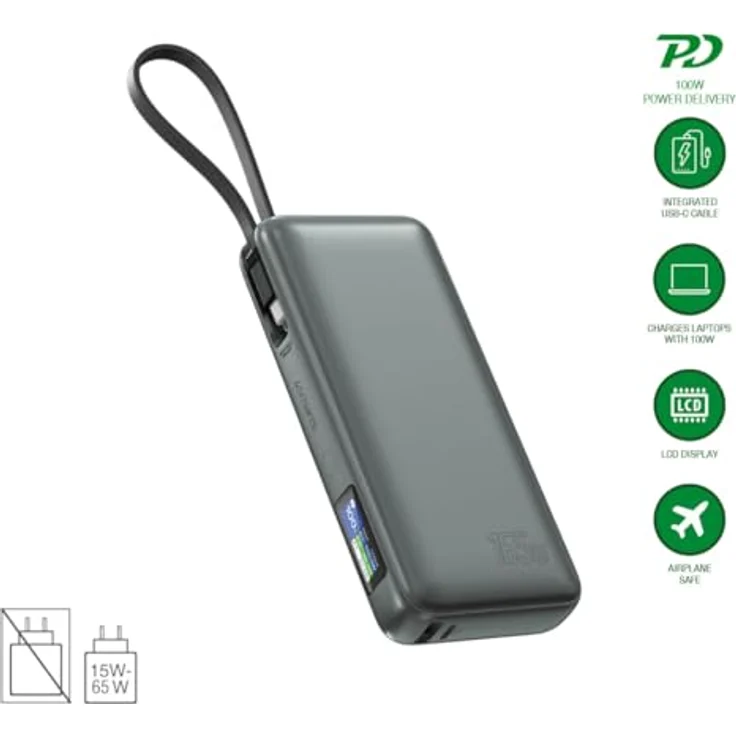 4smarts Powerbank USB-C Kabel 20000mAh, 165W Ladeleistung, integriertes Kabel, grau – Bild 3