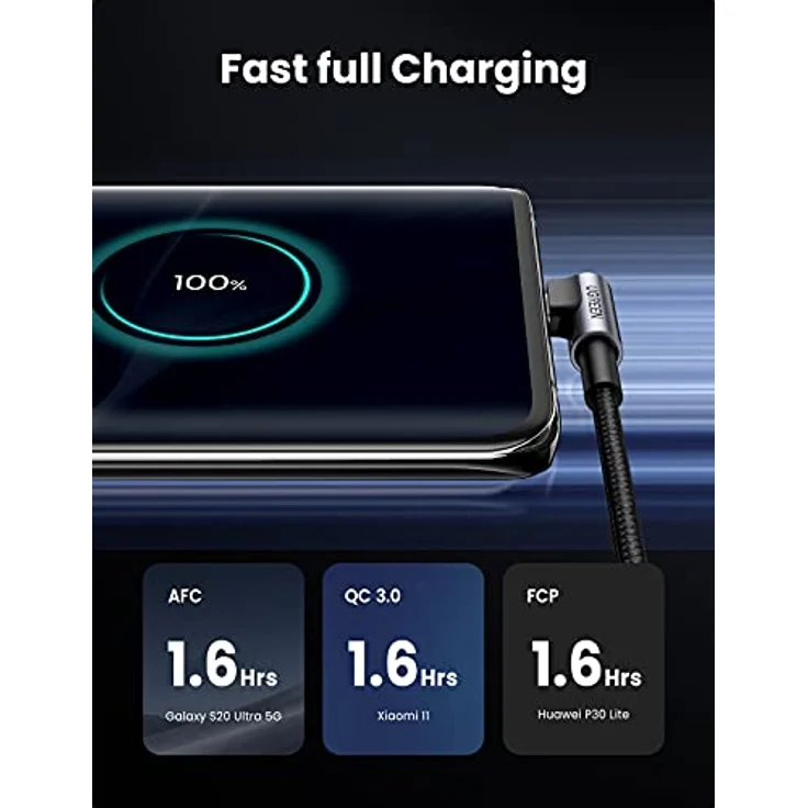 Ugreen USB-A auf USB-C Winkelkabel, 3m Länge, 3A Unterstützung, grau, Nylon geflochten – Bild 3
