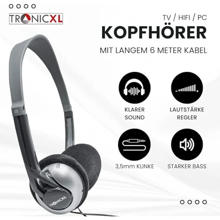 TronicXL Fernseh Kopfhörer 6m langes Kabel Kopfbügel Neodymmagnet 30mm für Fernseher Samsung LG Sony Toshiba DYON JVC Philips Apple iPad iMac Computer - Stereokopfhörer Headphones Klinkenstecker – Bild 4
