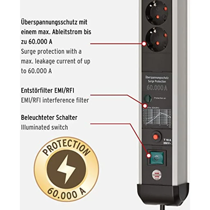 Brennenstuhl Premium-Protect-Line Steckdosenleiste 6-fach mit USB Power-Delivery Typ C und Überspannungsschutz (Mehrfachsteckdose mit Schalter, USB Power-Delivery Typ C und USB 3.0 A, Made in Germany) – Bild 3