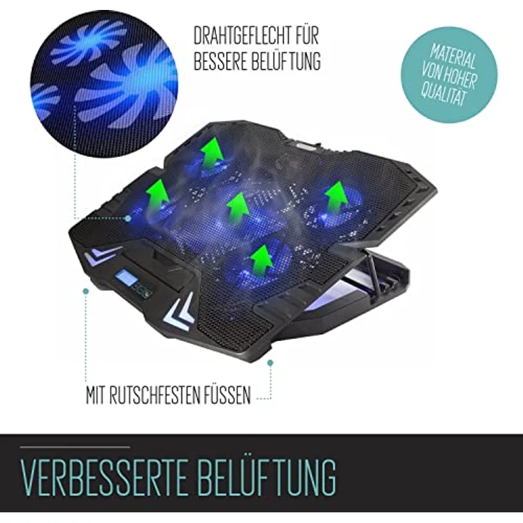 Ewent EW1259 Gaming Laptop Kühler, 12-17 Zoll, 5 ruhige Lüfter mit blauen LEDs, 2 USB-Ports, höhenverstellbarer Ständer, schwarz – Bild 2