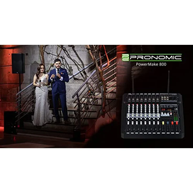 Pronomic Powermake 800 Powermischer - 8-Kanal-Mischpult - 2 UHF-Funkmikrofone - 760 Watt RMS-Leistung - 24Bit Multi-Effekt-Prozessor - Bluetooth®/USB-Player/Recorder - Grafischer Equalizer - Schwarz – Bild 2