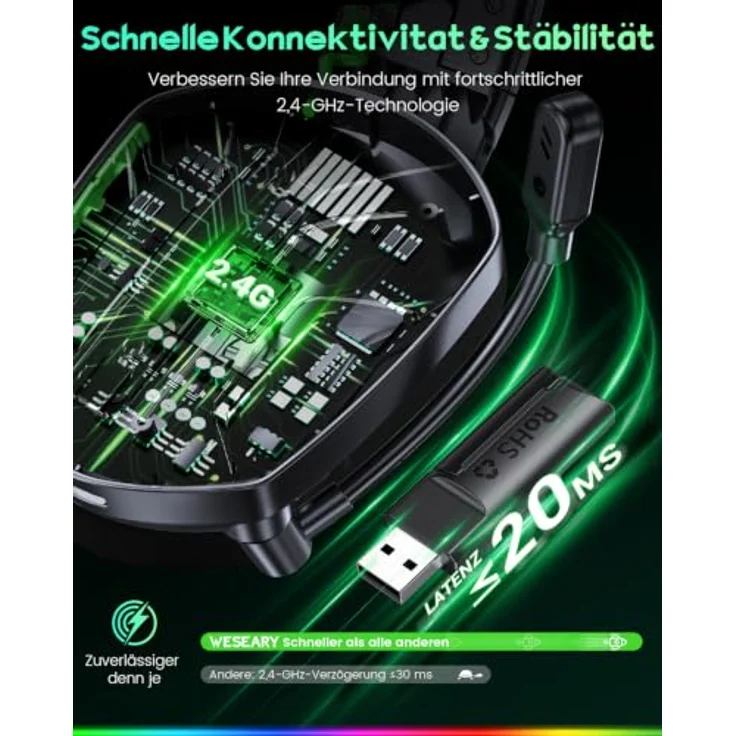 WESEARY Gaming Headset Wireless mit Mikrofon, 60 Stunden Akkulaufzeit, RGB-Beleuchtung, kompatibel mit PS5, PS4, PC, Switch und Handy – Bild 3