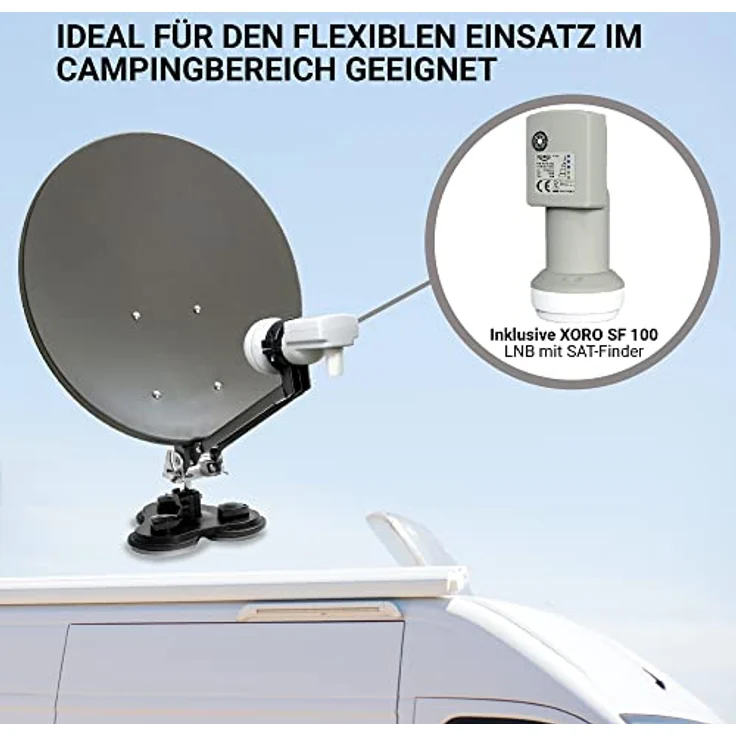 Xoro 38,5 cm Camping Satellitenantenne MCA 38 HD Set, inkl. Single LNB mit integriertem Satfinder, 10m Kabel, Halterungen, im Hartschalenkoffer, Stahlspiegel 38,5 cm, Masthalterung, Wandhalter, 3-Punkte Saugfuss und Standfuss, flexibel positionierbar – Bild 5