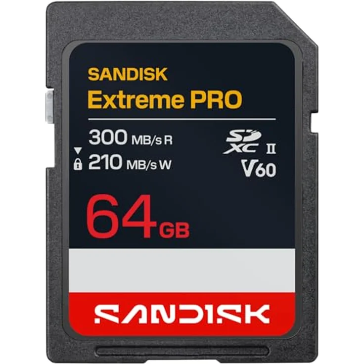 SanDisk SDXC Extreme PRO, UHS-II V60 64 GB, 300 MB/s lese- und 250 MB/s schreibe Geschwindigkeit für 6K-Videoaufnahmen – Bild 1