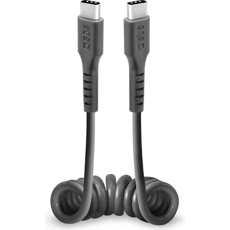 SBS TECABLETYPCCSK, Spiralladekabel 0,5m USB-C auf USB-C, schwarz, für gleichzeitiges Laden und Datenübertragung