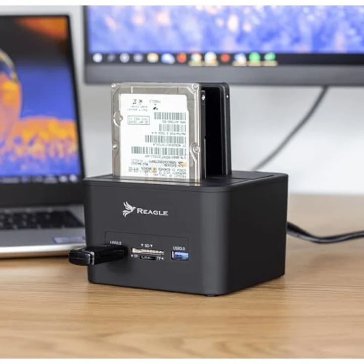 Reagle Dual Bay Docking Station für HDD/SSD, 32TB Unterstützung, USB 3.2 Gen 1, Kartenleser, Offline Klonen, Kompatibel mit Windows/Mac – Bild 2