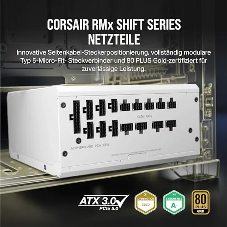 Corsair RM1200x Shift Vollmodulares ATX-Netzteil - Modulare Seitenschnittstelle - ATX 3.0- & PCIe 5.0-kompatibel - Null-Drehzahl-Lüftermodus - 105°C-Kondensatoren - 80 Plus Gold-Effizienz - Weiß – Bild 2