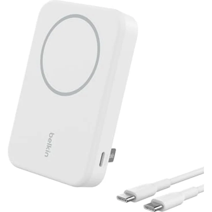 Belkin BoostCharge Pro Kabellose Powerbank 8.000 mAh mit Qi2, MagSafe-kompatibles tragbares Ladegerät mit integriertem Ständer – Weiß – Bild 1