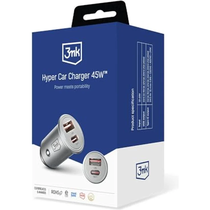 3mk Hyper Car Charger 45W, Ultrakompaktes Zigarettenanzünder-Ladegerät mit Dual USB und USB-C Port, Silber – Bild 9