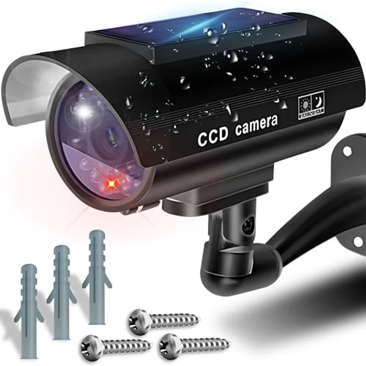 Retoo Security Dummy Kamera Solar Attrappe für Außen und Innen Schwenkbare Drahtlose CCD mit Blinkendem LED Wetterfest Sicherheitskamera Fake Camera Zuhause Büro Überwachung Schwarz – Bild 1