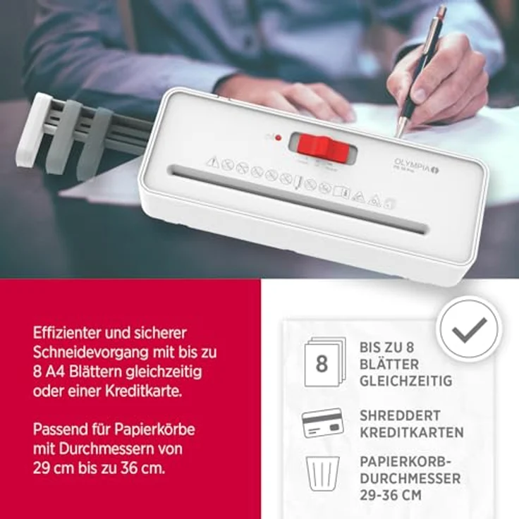 OLYMPIA PS 36 Pro Aktenvernichter, Streifenschnitt P-2, 6 mm, für bis zu 6 Blatt, weiß, mit Rücklauffunktion und Überhitzungsschutz – Bild 3
