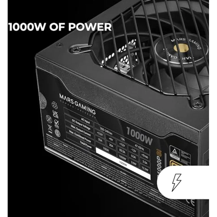 MARS GAMING MPB1000PSI, Vollmodulares ATX-Netzteil 1000W, 80Plus Gold 90%, 10 Jahre Garantie, 140mm SI-Lüfter, ATX 3.1 und PCIe 5.1, Schwarz – Bild 2