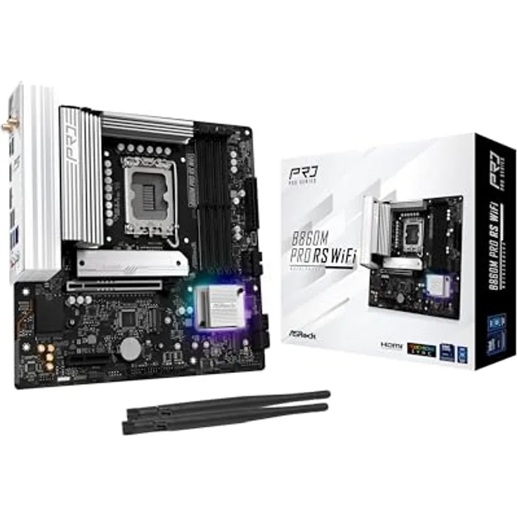 ASRock B860M Pro RS Wifi 1851 mATX HDMI/DP DDR5 Mainboard, Intel XMP support, Dual DDR5-5600, WiFi 6E & Bluetooth 5.3, Realtek RTL8125BG 2.5 Gigabit LAN, HDMI 2.1, schwarz