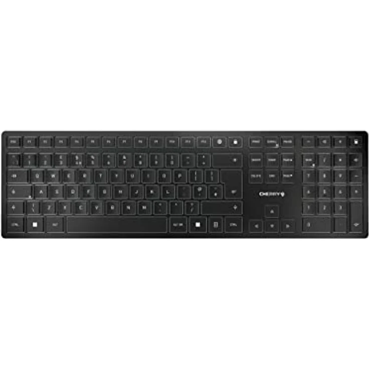 CHERRY KW 9100 Slim, kabellose Tastatur, Britisches Layout, QWERTY Tastatur, wahlweise Bluetooth- oder Funkverbindung, SX Scherenmechanik, wiederaufladbar über USB-Kabel, flach, schwarz-Silber – Bild 1