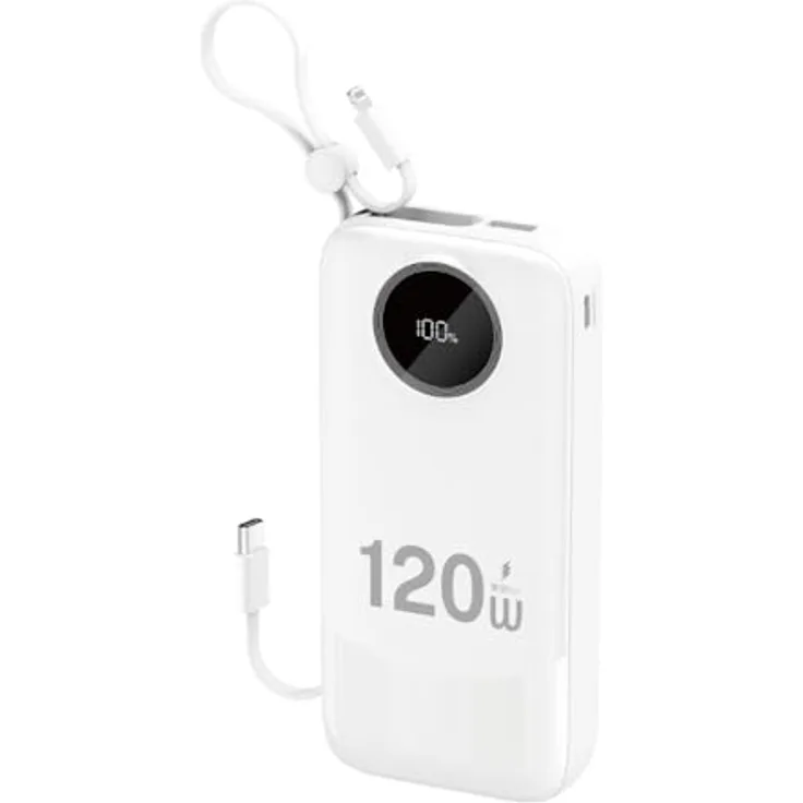 Dudao K13Pro 20000mAh Powerbank mit integrierten Kabeln, Schnellladeunterstützung und LED-Anzeige, Weiß