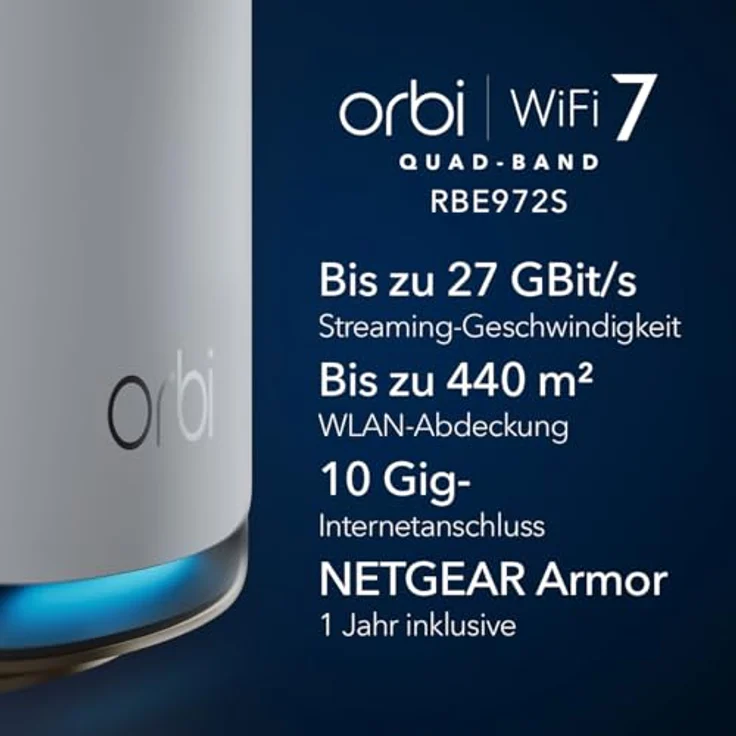 NETGEAR 7 Mesh WLAN System Netgear Orbi Quadband (RBE972S), Base + 1 Satellite Repeater, Abdeckung bis zu 440 m², 200 Geräte, 10 Gbit Internetanschluss, BE27000 802.11be (bis zu 27 Gbit/s) – Bild 2