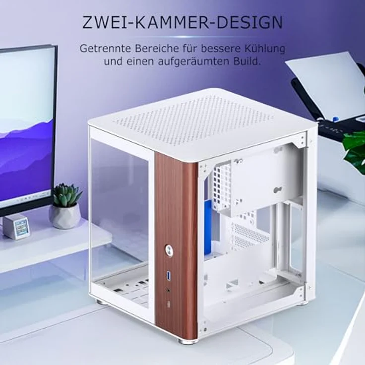 Jonsbo TK-0 Mini ITX Case weiß - ITX Gehäuse mit Tempered Glass, Mini PC Gehäuse Holz, SFF Case für Grafikkarten bis 230mm, USB C am Frontpanel, 90 Grad Drehbarkeit – Bild 5