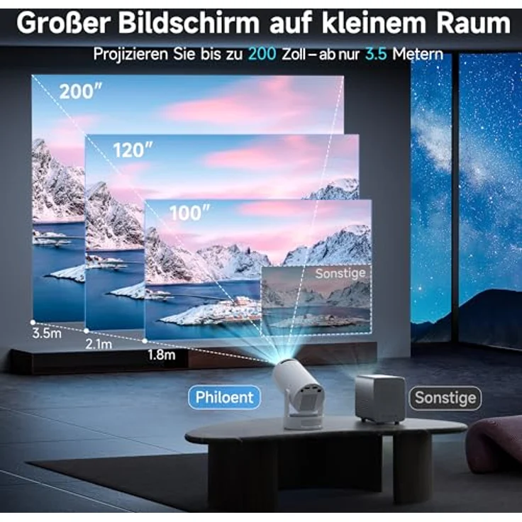 Philoent Mini Beamer, Smart Projektor 4K/1080P mit WiFi 6, Bluetooth 5.4, Auto Screen Trapezkorrektur, Ultrakurzdistanz, leiser Betrieb – Bild 2