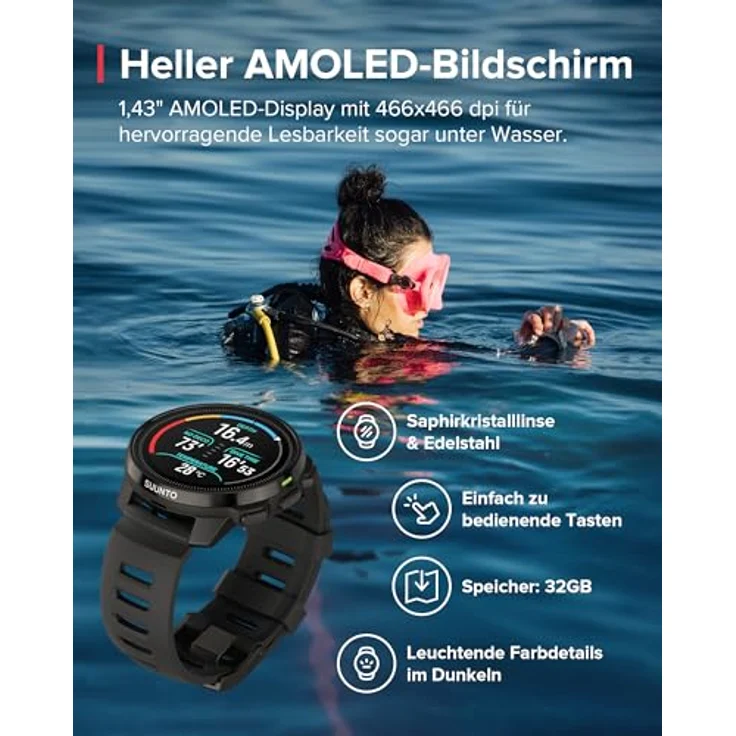 SUUNTO Ocean Tauchcomputer und Sportuhr, AMOLED-Bildschirm, 100m Wasserdicht, Zweifrequenz GPS, Offline-Karte, 95+ Sportarten, HRV & Schlafqualität Verfolgung, 40 Stunden Akkulaufzeit im Tauchmodus – Bild 2