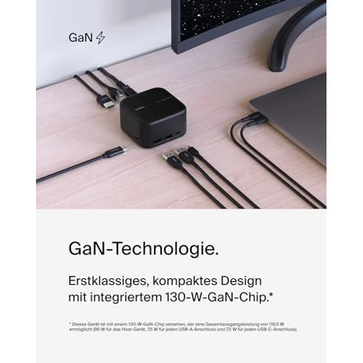 Belkin Connect USB-C-6-in-1-Core-GaN-Docking-Station (130 W), 96 W PD für Peripheriegeräte, USB-C, USB-A, Gigabit-Ethernet, HDMI-4K-Anschlüsse zum Gamen, für MacBook Pro, Windows-Laptops, Chromebook – Bild 3