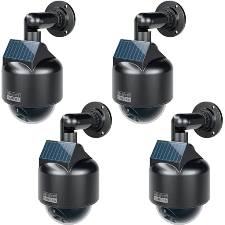 BASI Überwachungskamera Attrappe Dummy Kamera, 4-tlg. Spar-Set, solarbetrieben, IP23 geprüft, mit rotem Blinklicht