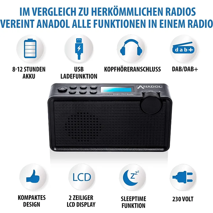 Anadol ADX-P1 DAB/DAB+/UKW/FM Radio - 20 Senderspeicherplätze, tragbar, zweizeiliger LCD-Display, Sleep-Timer, Akku & Netzbetrieb, Lautsprecher & Kopfhöreranschluss, USB-Ladekabel - schwarz – Bild 3