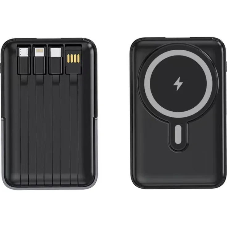 ENGELMANN EngelPro EP-SW 10000mAh Magnetische Powerbank, Wireless MagSafe mit integrierten Kabeln, Standfunktion, schwarz