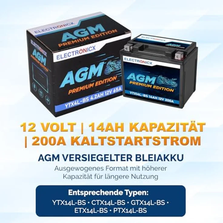 Electronicx YTX14L-BS AGM Motorradbatterie 14Ah 12V - wartungsfrei, auslaufsicher, zyklenfest für Motorrad, Roller und Quad – Bild 5