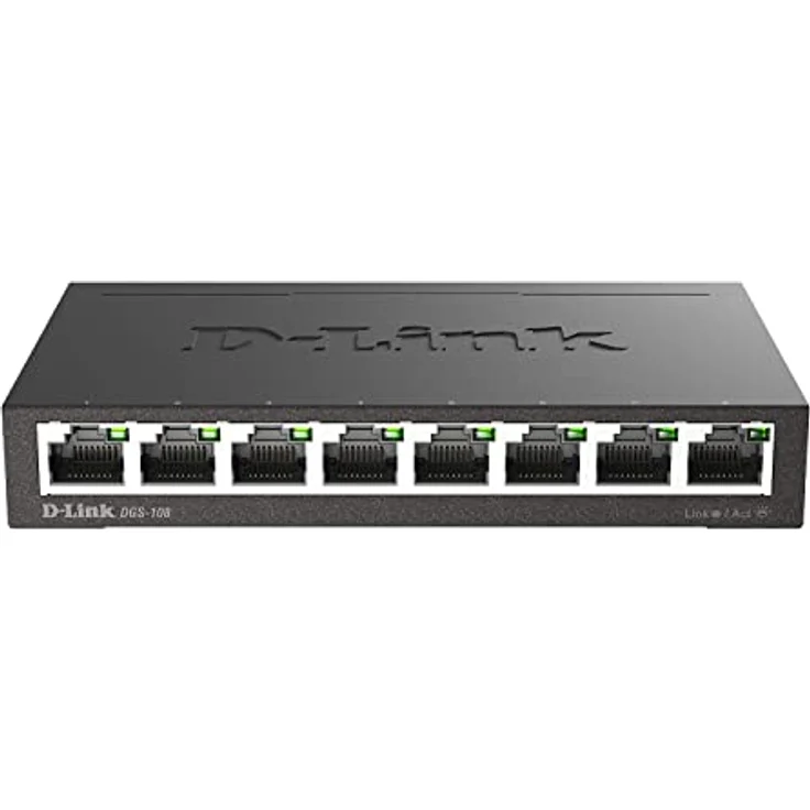 D-Link DGS-108 8-Port Layer2 Gigabit Switch (bis zu 2000 Mbit/s Datenübertragung pro Port, Non-Blocking-Architektur, lüfterlos, Metallgehäuse) schwarz – Bild 1