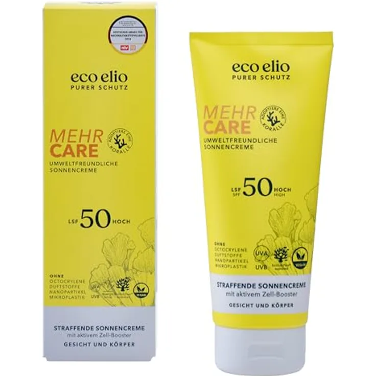 ecoelio LSF 50 nachhaltige Sonnencreme 200ml "Mehr Care" - Sonnenschutz für Körper und Gesicht, ohne Octocrylene und Mikroplastik, parfümfrei, für empfindliche Haut