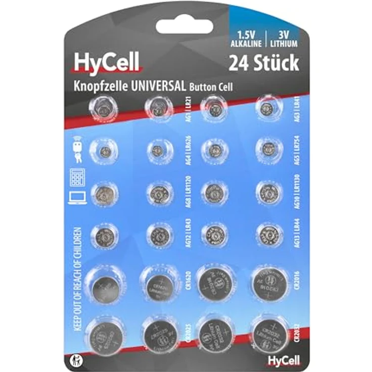 HyCell 24x Knopfzellen-Sparset - Je 2x CR2032 CR2025 CR2016 CR1620 LR41 LR43 LR44 LR626 LR621 LR754 LR1120 LR1130 - Ideal für Autoschlüssel TAN-Gerät Kinderspielzeug Uhren etc. – Bild 2