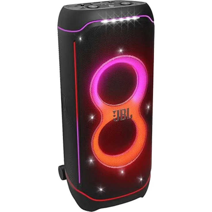 JBL PartyBox Ultimate – Kraftvoller Lautsprecher mit Bluetooth und WiFi Pro Sound mit Lichteffekten – Wasserfest und mit Rädern zum einfachen Transport – Schwarz