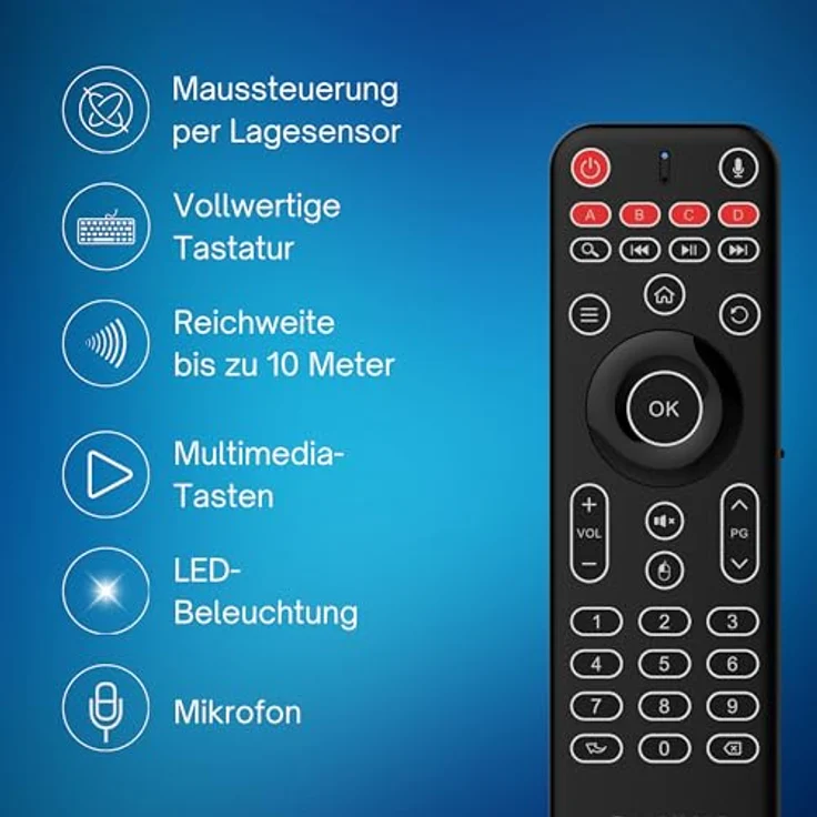Orbsmart AM-1 Pro kabellose Airmouse Fernbedienung mit Mini-Tastatur | Deutsch (QWERTZ) | beleuchtet | Gyro-Maus | 2.4 GHz | Mikrofon – Bild 2
